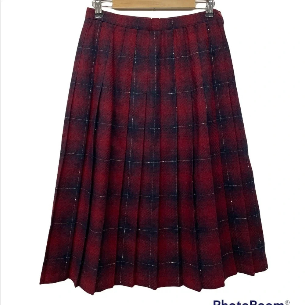 Vintage Wool Pleated Midi Skirt White Plaid side zipper Dark Academia